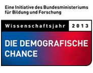 Das Logo des Wissenschaftsjahres "Die Demografische Chance" zeigt auf einem Farbverlauf den o.g. Text, darüber den Hinweis "Eine Initiative des Bundesministeriums für Bildung und Forschung"