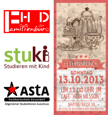 Das Bild zeigt verkleinert den Flyer zum Elternbrunch, es bildet im Stil einer Zeichnung in rot und beige ein Kaffeeservice sowie die Eckdaten der Einladung in Textform ab. Daneben sind die Logos von Familienbüro, Stuki und AStA abgebildet.