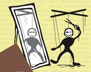 Verkleinerter Ausschnitt aus dem Plakat des Lehrforschungsprojektes. Im Comic-Stil gezeichnet zeigt das Bild eine Person an Bindfäden, wie eine Marionette, die sich im Spiegel selbst sieht. Sie schneidet mit einem Lächeln die Fäden ab.